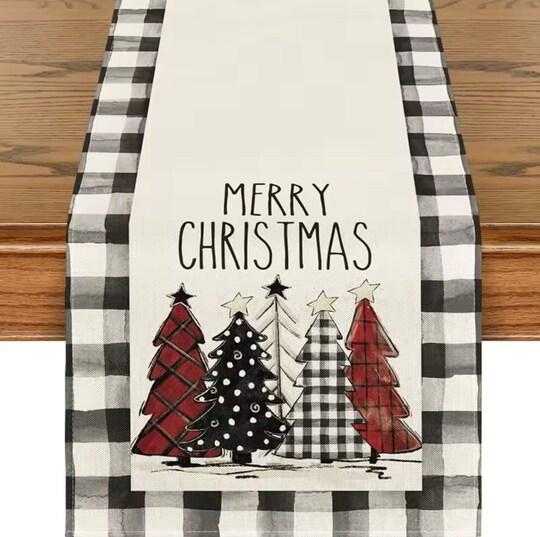 AreaDeco; Buffalo Plaid Table Runner Christmas Trees Merry Xmas Table Runner Winter Holiday Kitchen Dining Table Decoration, Black and White; Category:Christmas Table Linens & Runners; Image:1